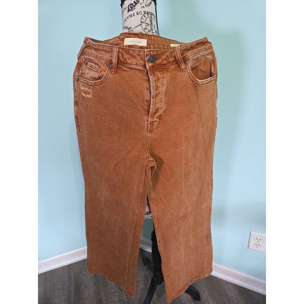 Cleo & Wolf High Rise Distressed Loose Wide Leg Jeans Rust Brown 29x32